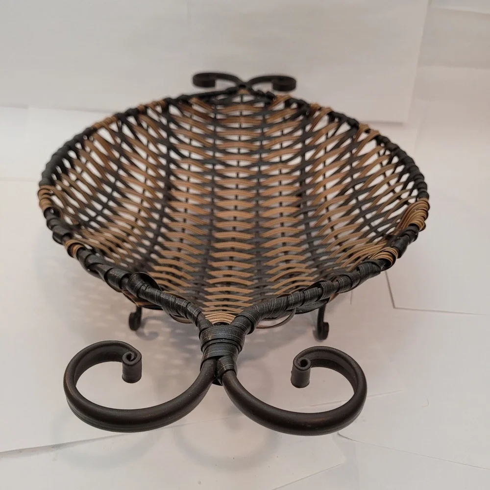 Unbranded Woven Metal Footed Basket Home Decor Brown‎ Black Scroll Handles